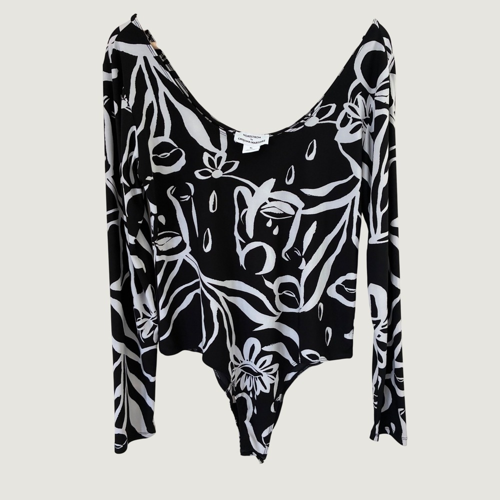 Nordstrom Cristina Martinez Bodysuit XL Black White Abstract Floral Festival Top